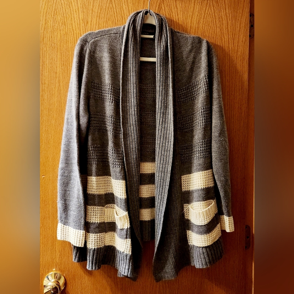 Striped Gray & White Cardigan Sweater w/ Pockets